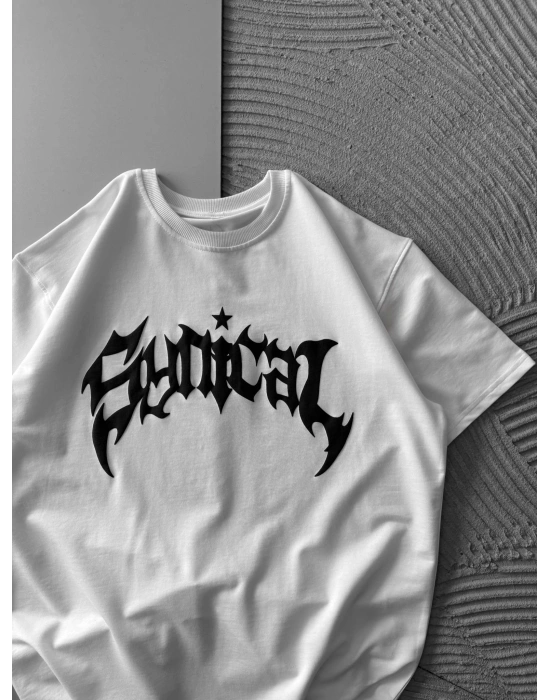 BİSİKLET YAKA TAŞLI TASARIM OVERSİZE TSHİRT BEYAZ