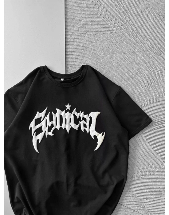 BİSİKLET YAKA TAŞLI TASARIM OVERSİZE TSHİRT SİYAH