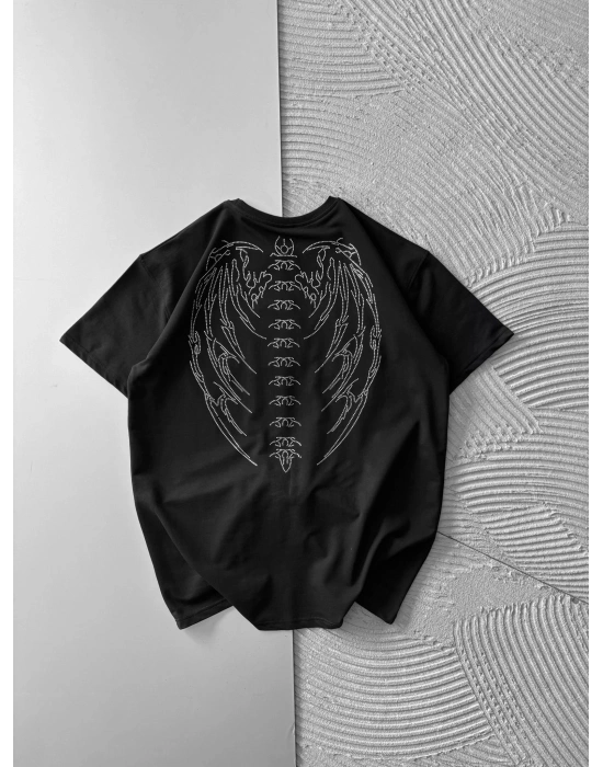 BİSİKLET YAKA TAŞLI TASARIM OVERSİZE TSHİRT SİYAH