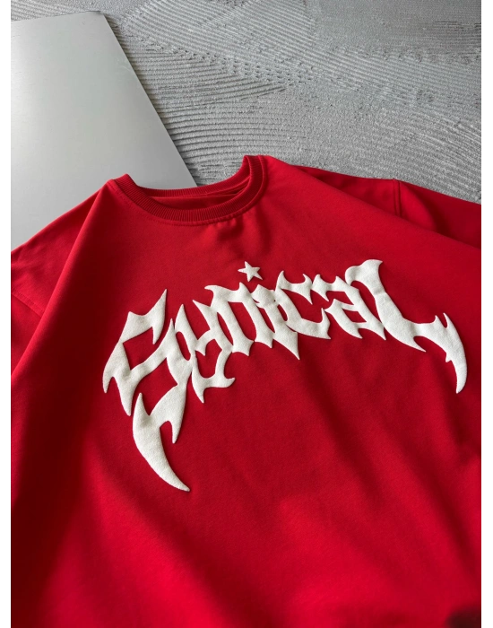 BİSİKLET YAKA TAŞLI TASARIM OVERSİZE TSHİRT KIRMIZI