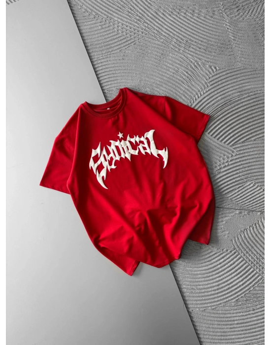 BİSİKLET YAKA TAŞLI TASARIM OVERSİZE TSHİRT KIRMIZI