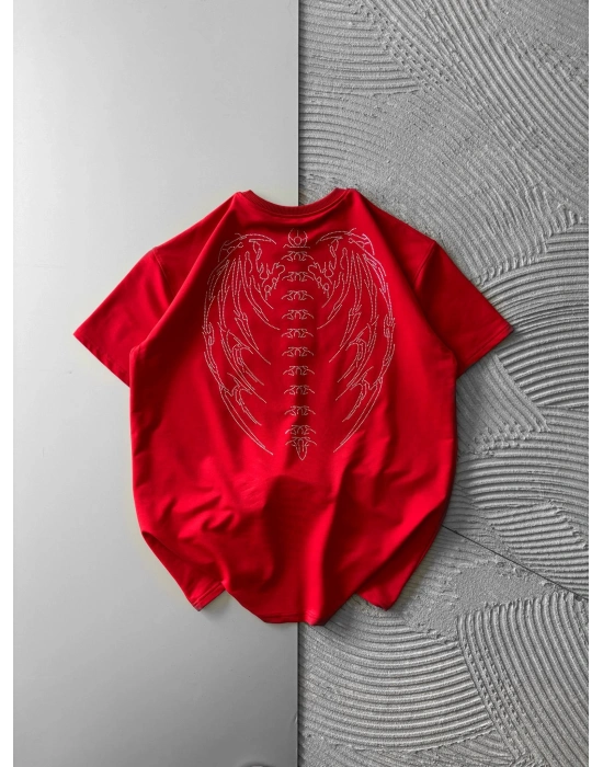 BİSİKLET YAKA TAŞLI TASARIM OVERSİZE TSHİRT KIRMIZI