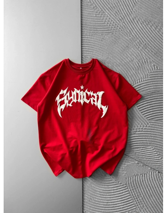 BİSİKLET YAKA TAŞLI TASARIM OVERSİZE TSHİRT KIRMIZI