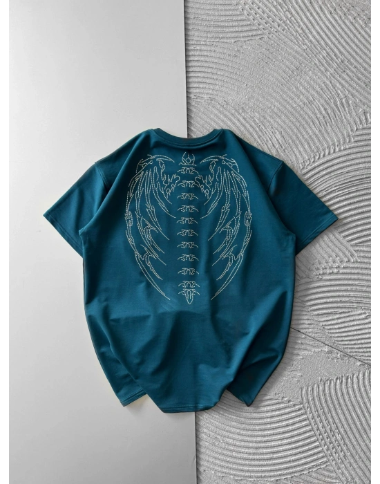 BİSİKLET YAKA TAŞLI TASARIM OVERSİZE TSHİRT SU YEŞİLİ