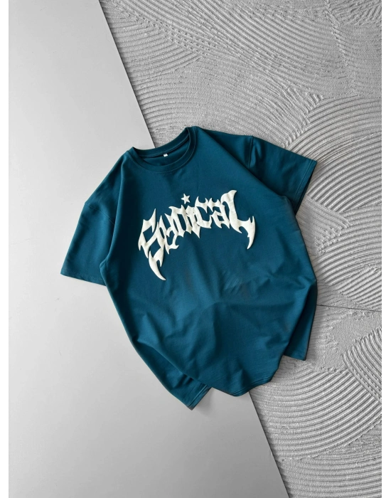 BİSİKLET YAKA TAŞLI TASARIM OVERSİZE TSHİRT SU YEŞİLİ