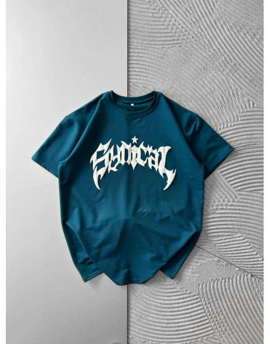 BİSİKLET YAKA TAŞLI TASARIM OVERSİZE TSHİRT SU YEŞİLİ