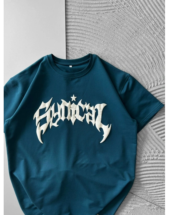 BİSİKLET YAKA TAŞLI TASARIM OVERSİZE TSHİRT SU YEŞİLİ