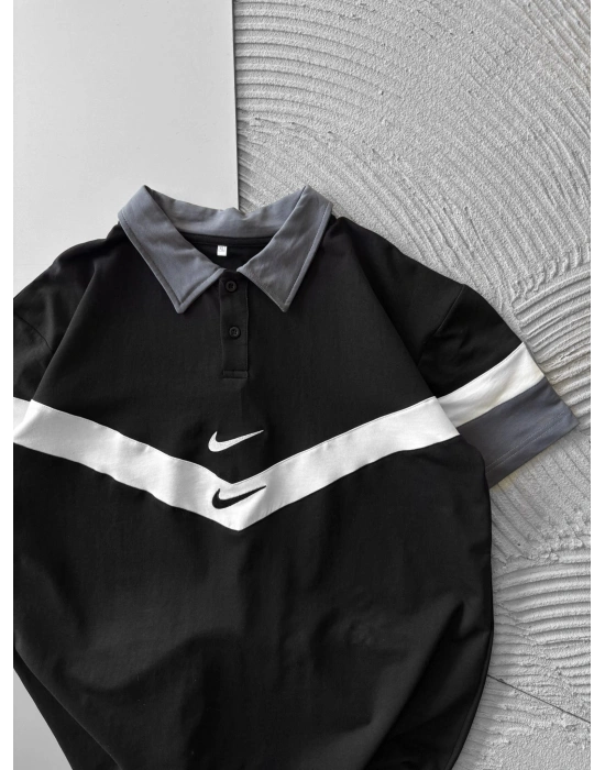 POLO YAKA CİFT NK NAKIŞ OVERSİZE TSHİRT SİYAH