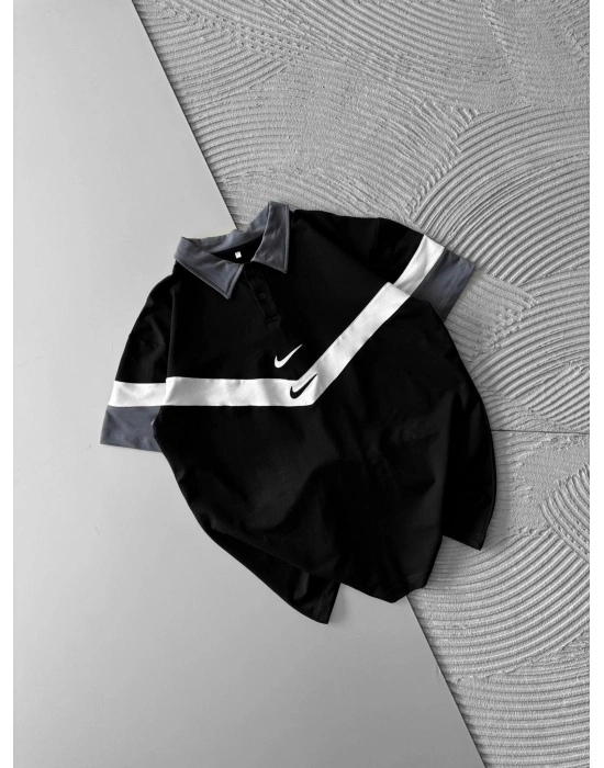 POLO YAKA CİFT NK NAKIŞ OVERSİZE TSHİRT SİYAH