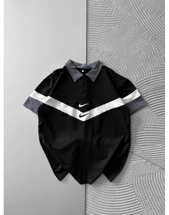 POLO YAKA CİFT NK NAKIŞ OVERSİZE TSHİRT SİYAH