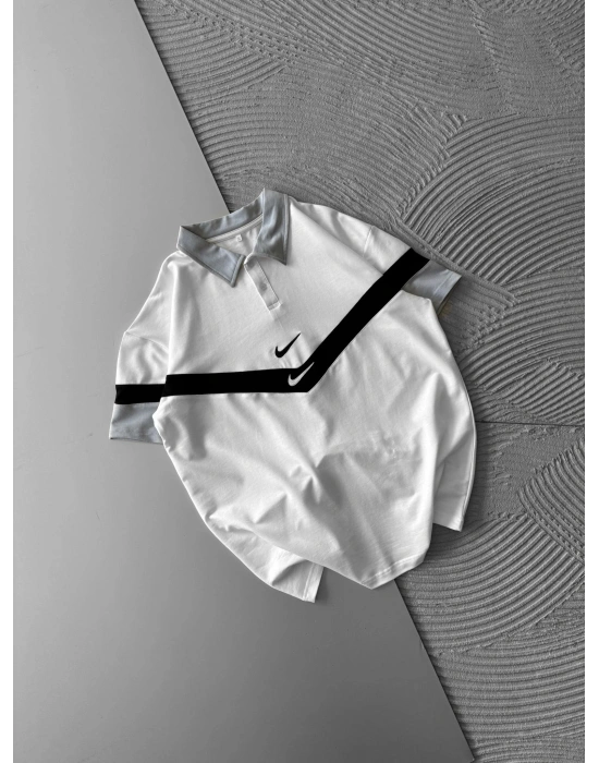 POLO YAKA CİFT NK NAKIŞ OVERSİZE TSHİRT BEYAZ