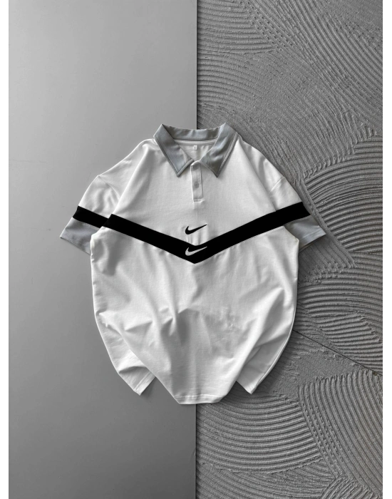 POLO YAKA CİFT NK NAKIŞ OVERSİZE TSHİRT BEYAZ
