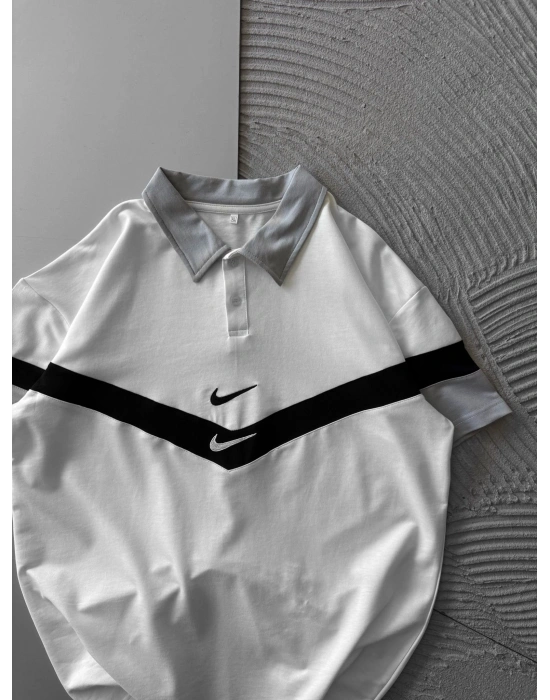 POLO YAKA CİFT NK NAKIŞ OVERSİZE TSHİRT BEYAZ