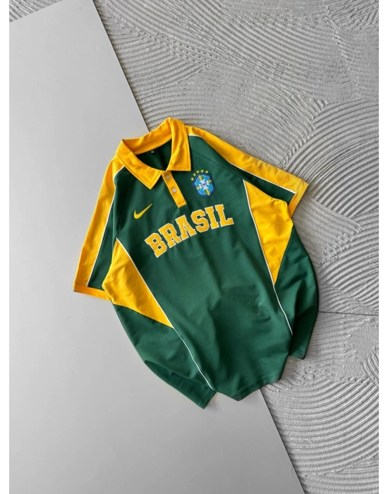 BİSİKLET YAKA FUL PARCALİ BRASİL NAKIS TSHİRT YEŞİL