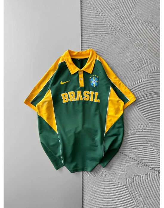 BİSİKLET YAKA FUL PARCALİ BRASİL NAKIS TSHİRT YEŞİL