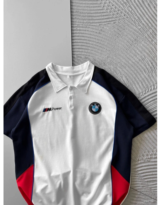 POLO YAKA İKİ TARAFLI NAKIŞ OVERSİZE TSHİRT BEYAZ