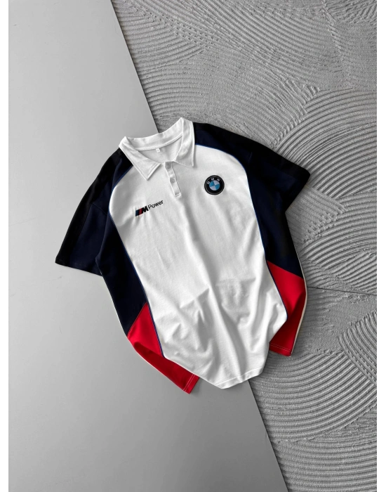 POLO YAKA İKİ TARAFLI NAKIŞ OVERSİZE TSHİRT BEYAZ