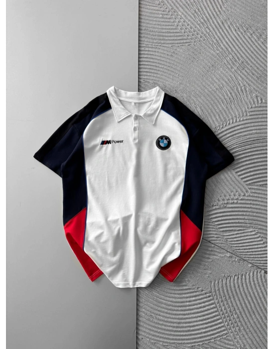 POLO YAKA İKİ TARAFLI NAKIŞ OVERSİZE TSHİRT BEYAZ