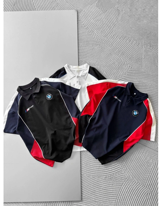 POLO YAKA İKİ TARAFLI NAKIŞ OVERSİZE TSHİRT SİYAH