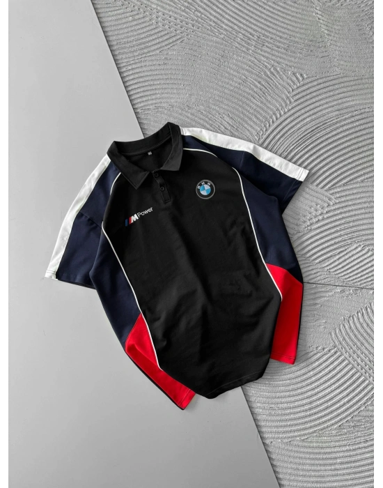 POLO YAKA İKİ TARAFLI NAKIŞ OVERSİZE TSHİRT SİYAH