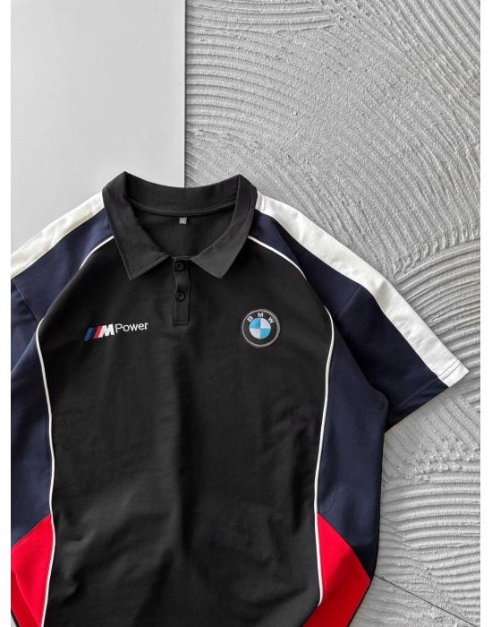 POLO YAKA İKİ TARAFLI NAKIŞ OVERSİZE TSHİRT SİYAH