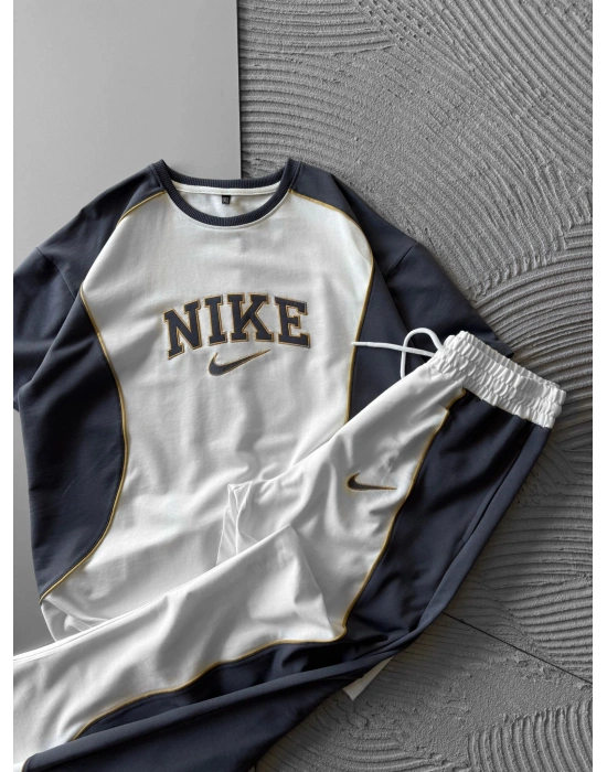 BİSİKLET YAKA BİYELİ PARÇALİ NK HS OVERSİZE EŞOFMAN TAKIMI BEYAZ