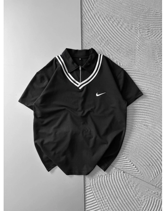 ÇİFT YAKA FERMUARLI NK NAKIŞ TSHİRT SİYAH