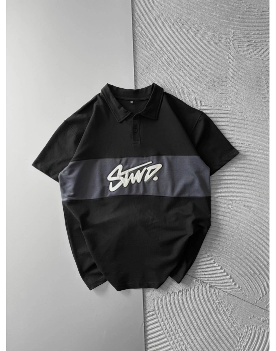 POLO YAKA ORTA SERİT STW NAKIŞ TSHİRT SİYAH
