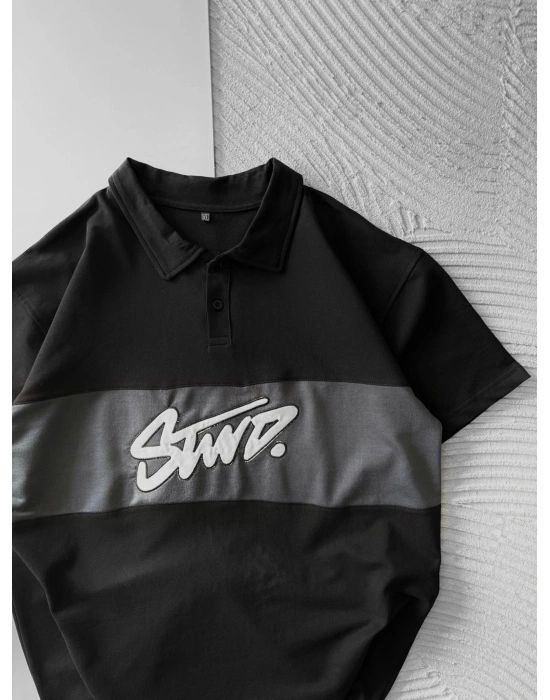 POLO YAKA ORTA SERİT STW NAKIŞ TSHİRT SİYAH