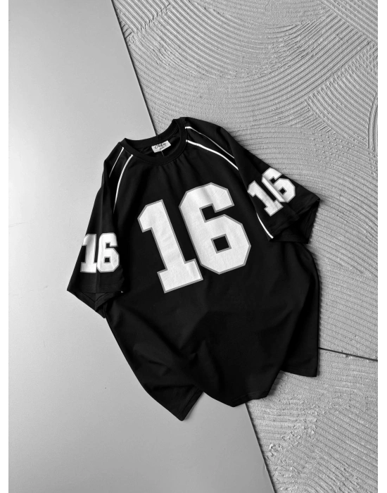BISIKLET YAKA 16 BASKI OVERSIZE TSHIRT SİYAH