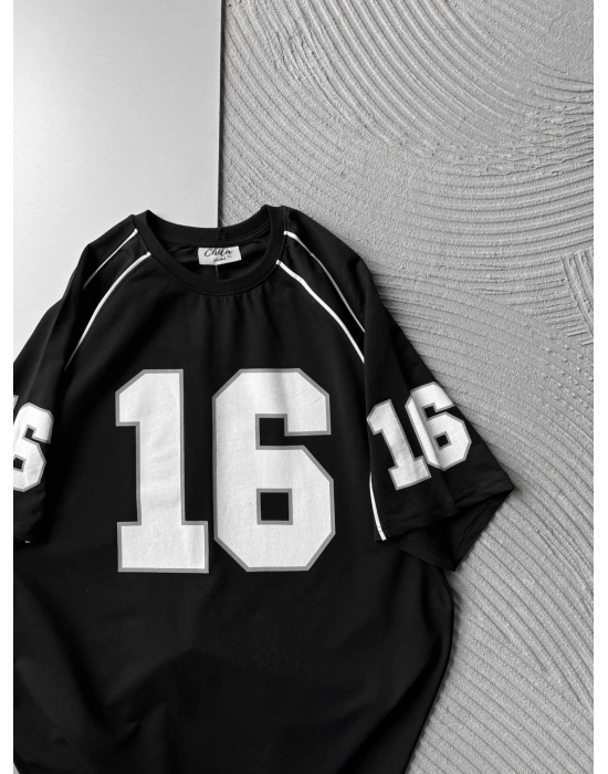 BISIKLET YAKA 16 BASKI OVERSIZE TSHIRT SİYAH