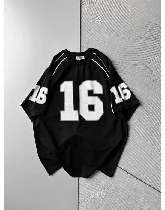 BISIKLET YAKA 16 BASKI OVERSIZE TSHIRT SİYAH