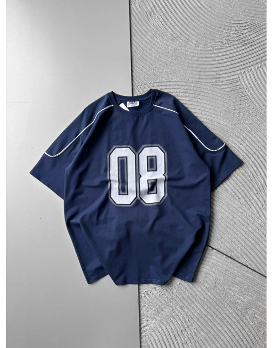 BISIKLET YAKA 08 BASKI OVERSIZE TSHIRT MAVİ