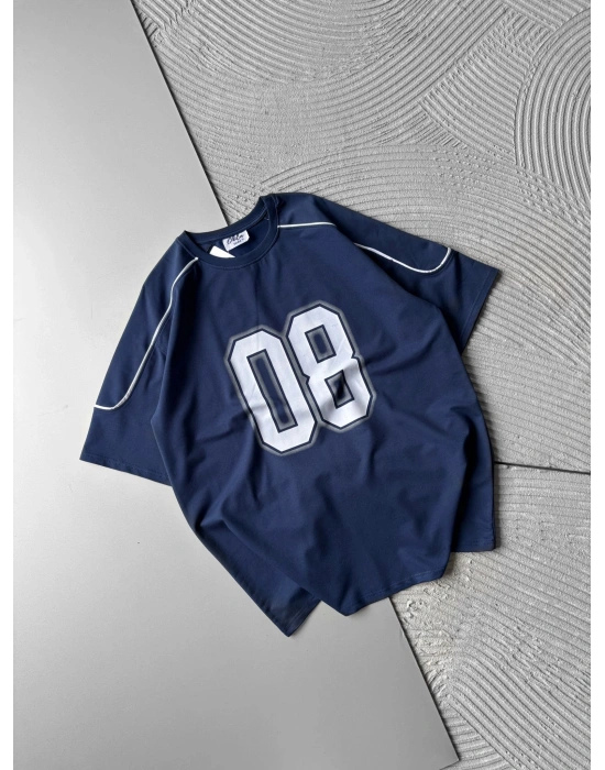 BISIKLET YAKA 08 BASKI OVERSIZE TSHIRT MAVİ