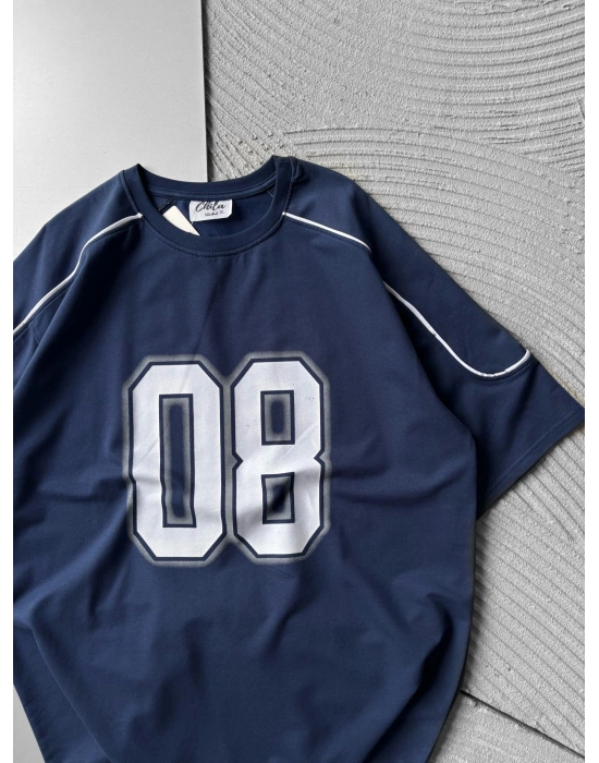 BISIKLET YAKA 08 BASKI OVERSIZE TSHIRT MAVİ