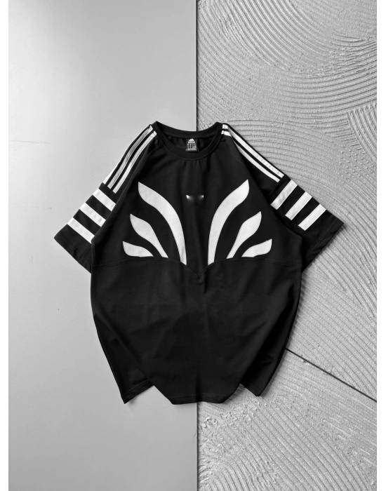 BISIKLET YAKA YONCA NAKIŞ OVERSIZE TSHIRT SİYAH 1