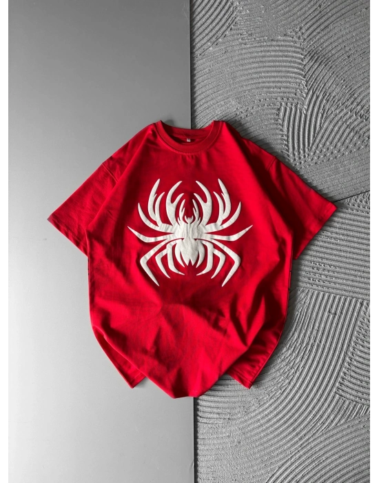 ÖRÜMCEK KABARTMA BASKI HS OVERSİZE TSHİRT KIRMIZI