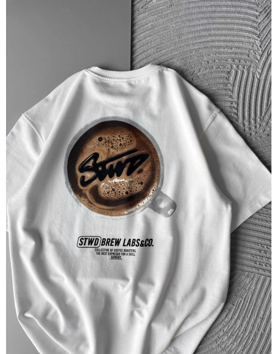 BREW LABS KAHVE BASKI OVERSİZE TSHİRT BEYAZ