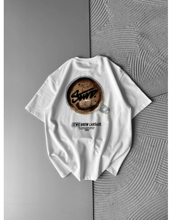 BREW LABS KAHVE BASKI OVERSİZE TSHİRT BEYAZ