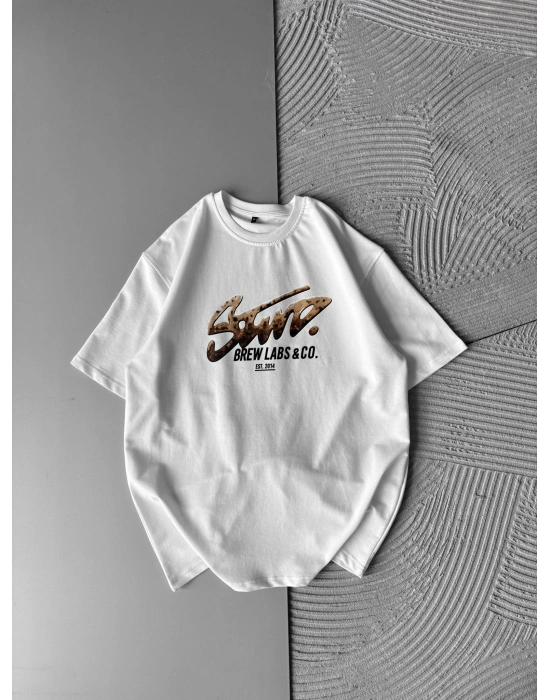 BREW LABS KAHVE BASKI OVERSİZE TSHİRT BEYAZ