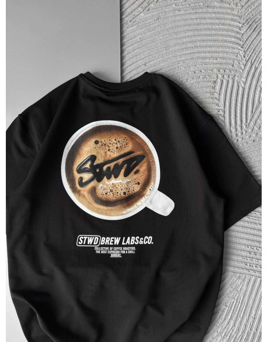 BREW LABS KAHVE BASKI OVERSİZE TSHİRT SİYAH