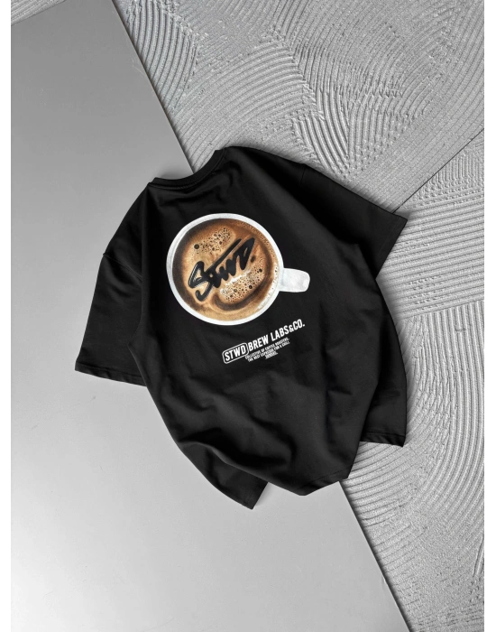 BREW LABS KAHVE BASKI OVERSİZE TSHİRT SİYAH