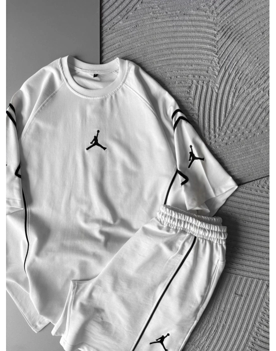 BİSKLET YAKA 2 İPLİK KUMAS JORDAN NAKIŞLI ŞORTLU TAKIM BEYAZ