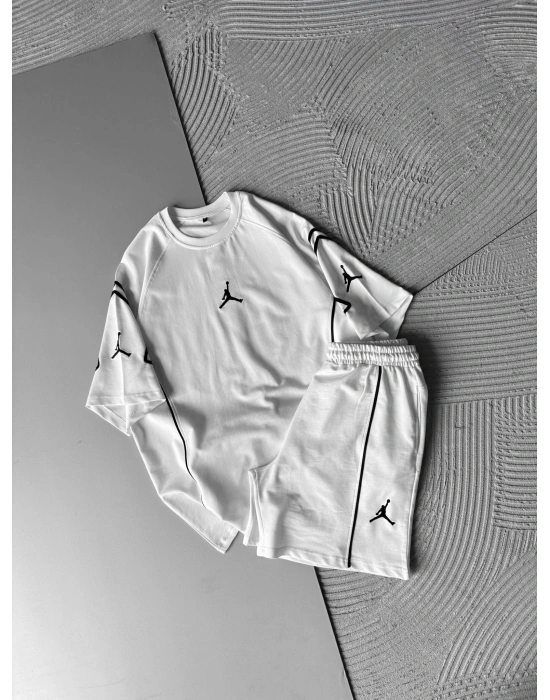 BİSKLET YAKA 2 İPLİK KUMAS JORDAN NAKIŞLI ŞORTLU TAKIM BEYAZ