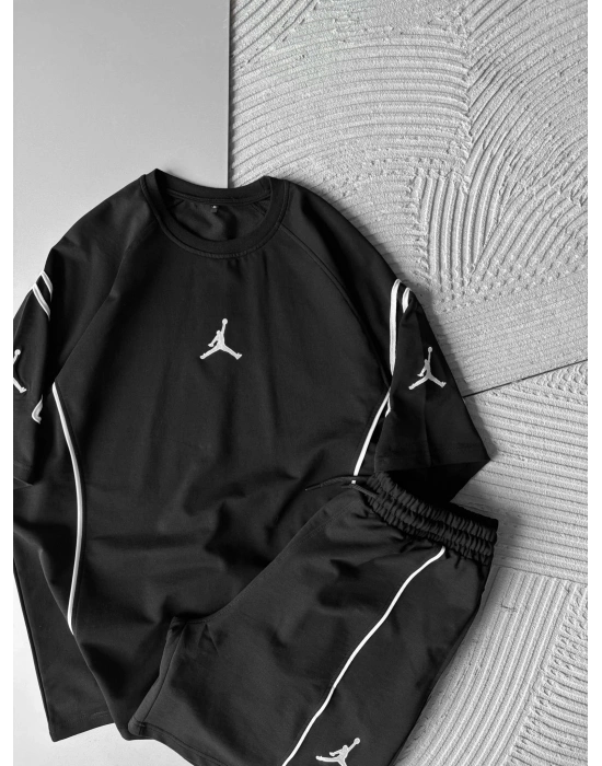 BİSKLET YAKA 2 İPLİK KUMAS JORDAN NAKIŞLI ŞORTLU TAKIM SİYAH