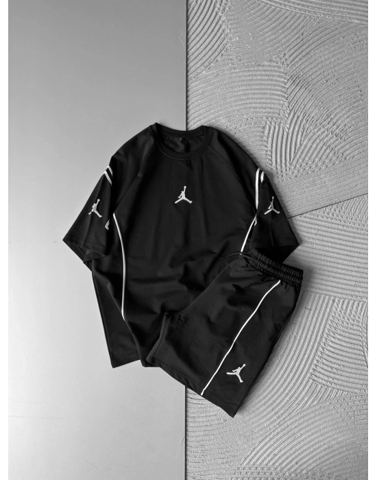 BİSKLET YAKA 2 İPLİK KUMAS JORDAN NAKIŞLI ŞORTLU TAKIM SİYAH