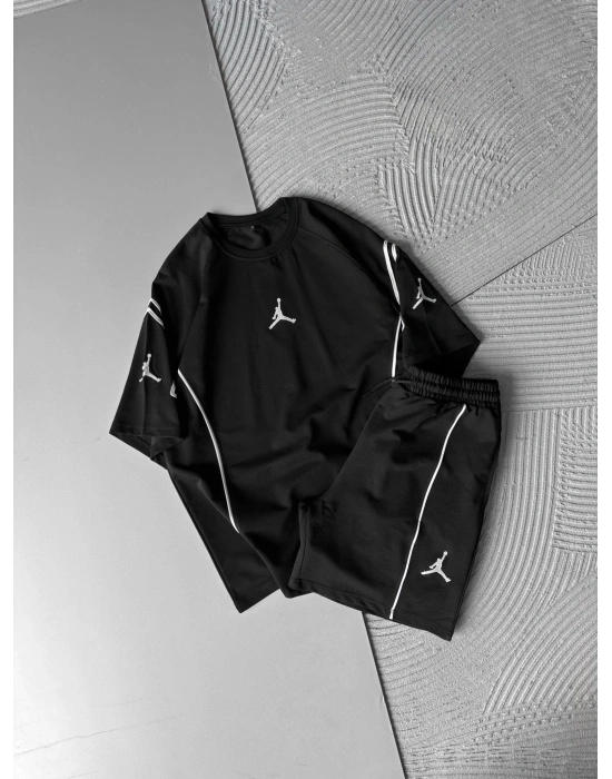 BİSKLET YAKA 2 İPLİK KUMAS JORDAN NAKIŞLI ŞORTLU TAKIM SİYAH