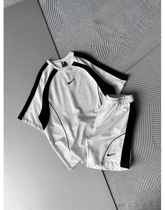 2 İPLİK KUMAS NK SERİTLİ NAKIŞLI ŞORTLU TAKIM BEYAZ