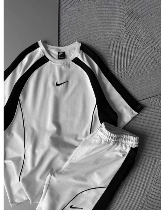 2 İPLİK KUMAS NK SERİTLİ NAKIŞLI ŞORTLU TAKIM BEYAZ