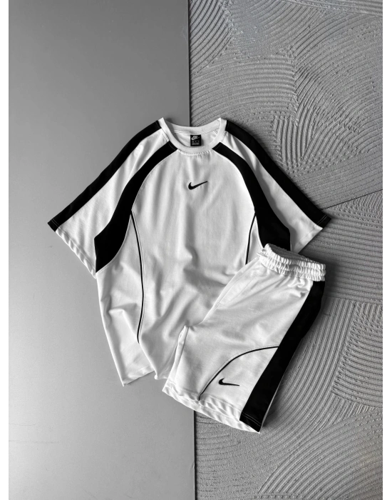 2 İPLİK KUMAS NK SERİTLİ NAKIŞLI ŞORTLU TAKIM BEYAZ